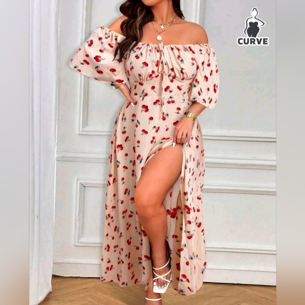 SHEIN Off-Shoulder Floral Dress - Red and Cream
